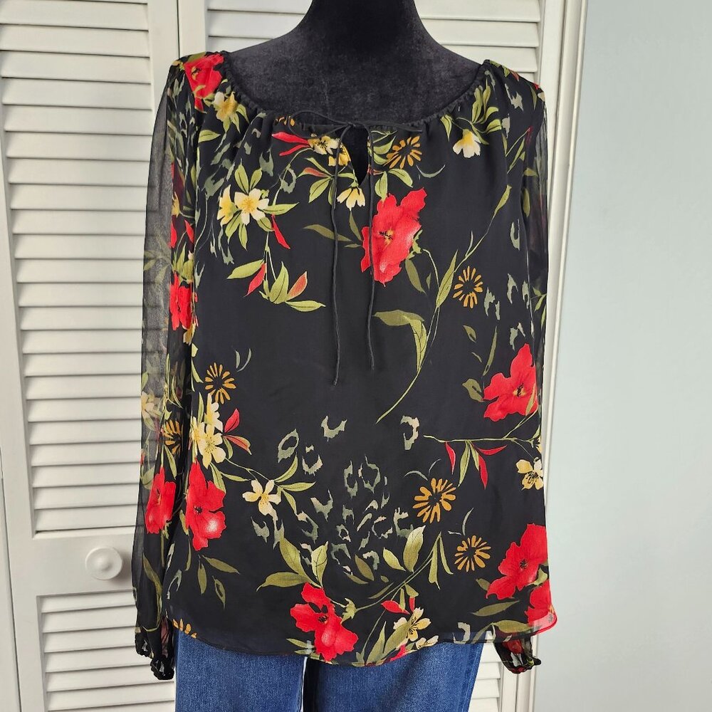 Sunny Leigh Silk Top M Black Red Floral Adjustable Neckline Whimsygoth Romantic